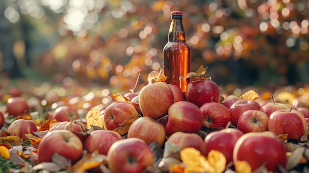 A pile of apples with a bottle of organic cider autumn harvest