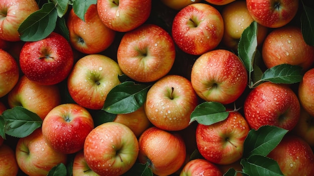 A pile of apples with green leaves on top and bottom ai