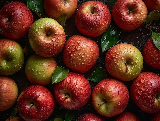 A pile of apples with water droplets on them