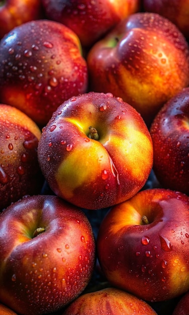 a pile of apples with water drops on them