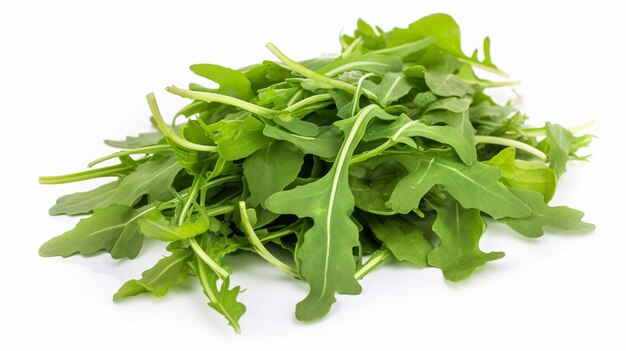 A pile of arugula leaves on a white background