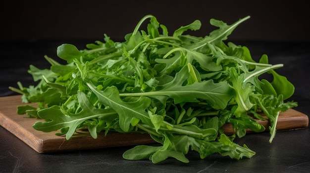 A pile of arugula leaves on a wooden cutting board