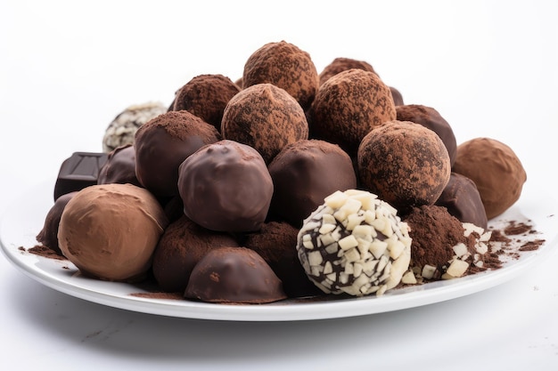 Pile of assorted chocolate truffles on a white plate