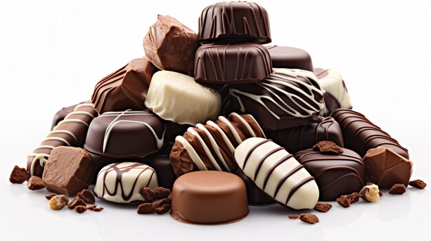 A pile of assorted chocolates on a white