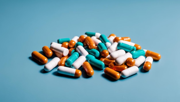 A pile of assorted pills on a blue background