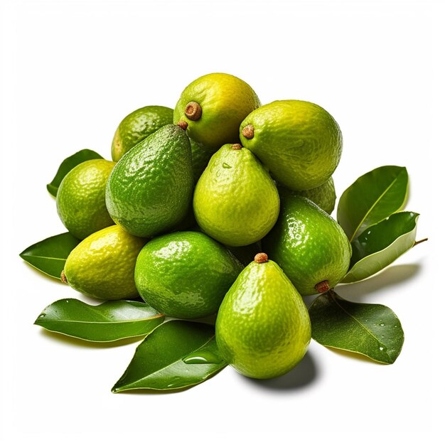 A pile of avocados with green leaves and one has the word avocado on it.