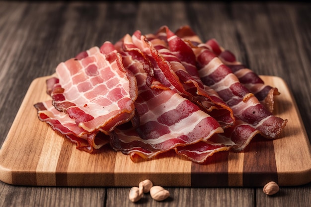 A pile of bacon on a wooden cutting board