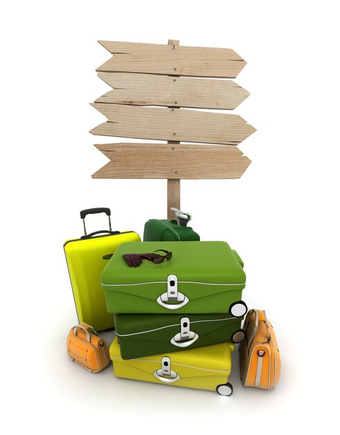 Photo a pile of baggage and a rustic wooden sign with lots of copy space