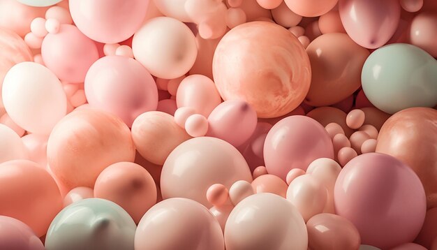 A pile of balloons with one of them has a pink and green color.