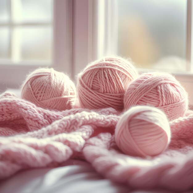 A pile of balls of yarn on a bed