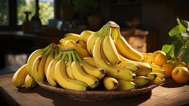 Photo pile of bananas on the table with blur background