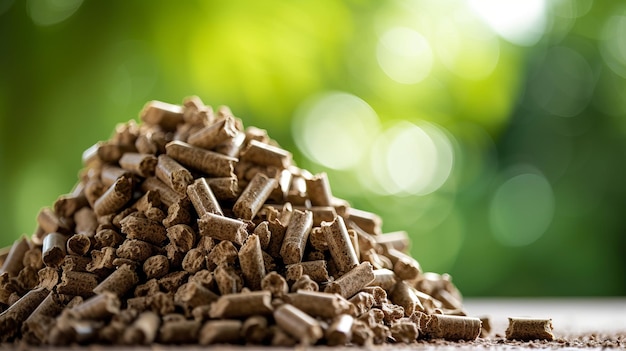 Photo pile of biomass wood pellets and woodpile on blurred background with copy space for text