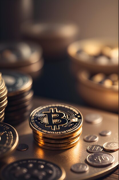 Pile of bitcoins on a wooden table with coins background