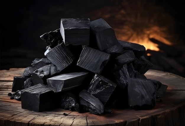 Photo a pile of black coals with a fire behind them