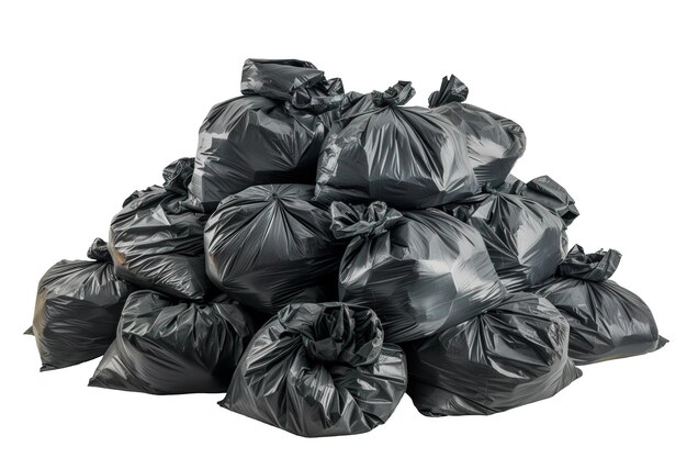 Pile of black garbage bags isolated on a white or transparent background Closeup of black trash bags Recycling and sorting waste caring for the environment