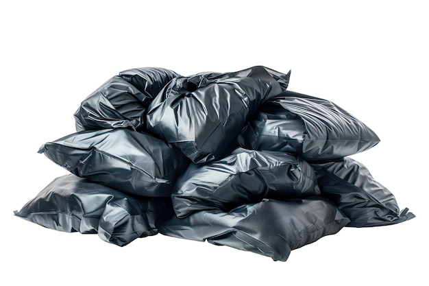 Pile of black garbage bags isolated on a white or transparent background closeup of black trash bags