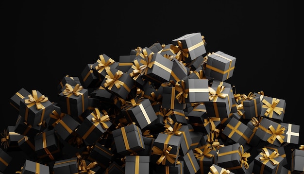 黒い背景にクリスマスの山を形成する金のリボン付きの黒いギフトボックスの積み重ね