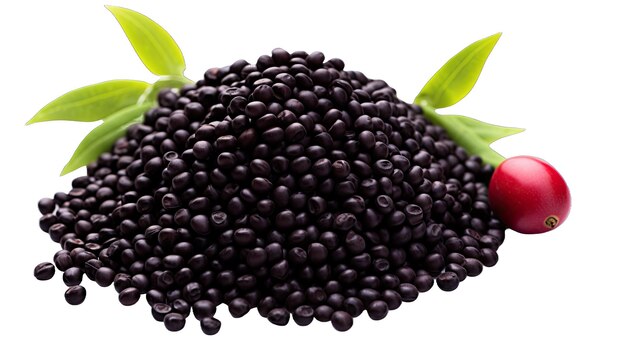 Pile of black lentils with green leaves isolated in no background