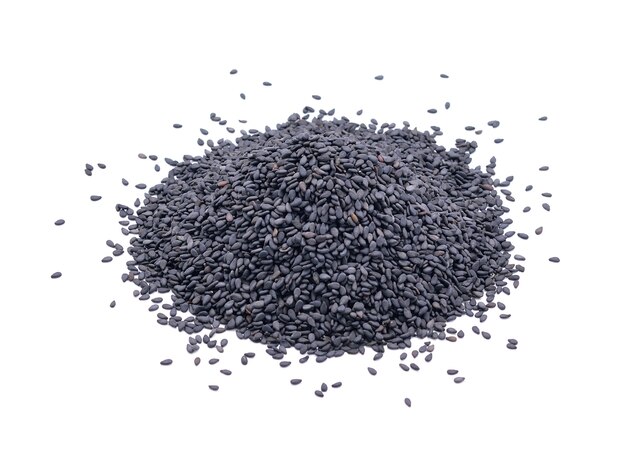 Pile of black sesame seeds on white