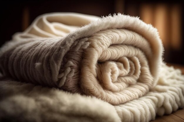 A pile of blankets on a bed with the word comfort on it