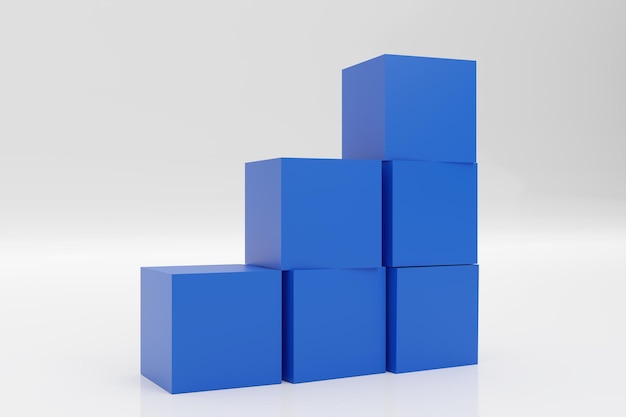 A pile of blue boxes stack as stair step on white background Success 3D Render Illustration