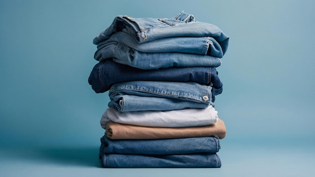 pile of blue jeans clothes ready for laundry on pastel blue minimalistic background stack of blue clothes laundry day fabric recycling concept generative ai