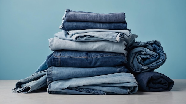 pile of blue jeans clothes ready for laundry on pastel blue minimalistic background stack of blue clothes laundry day fabric recycling concept generative ai