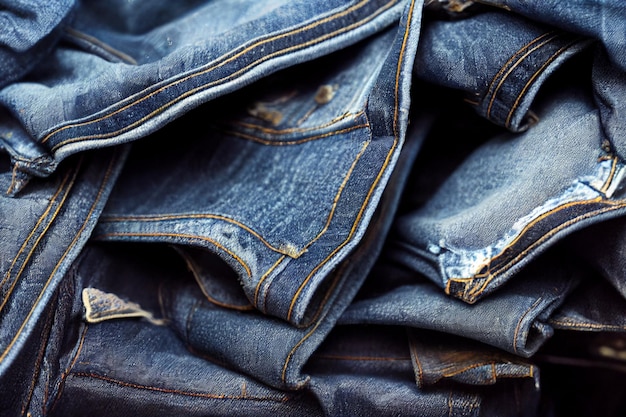 A pile of blue jeans with the word denim on it