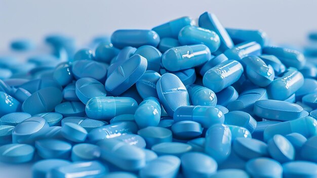 a pile of blue pills with a blue logo on the top