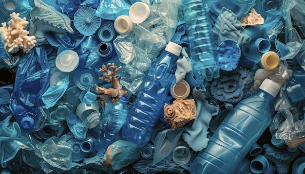 Photo pile of blue plastic bottles and miscellaneous items