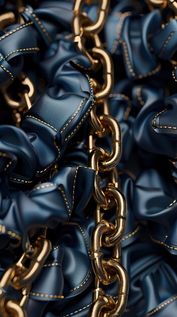 a pile of blue satin and gold beads with a gold chain