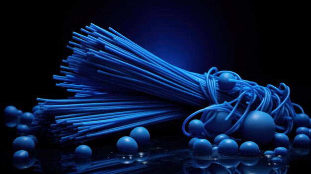 A pile of blue sticks and balls on a black background ai