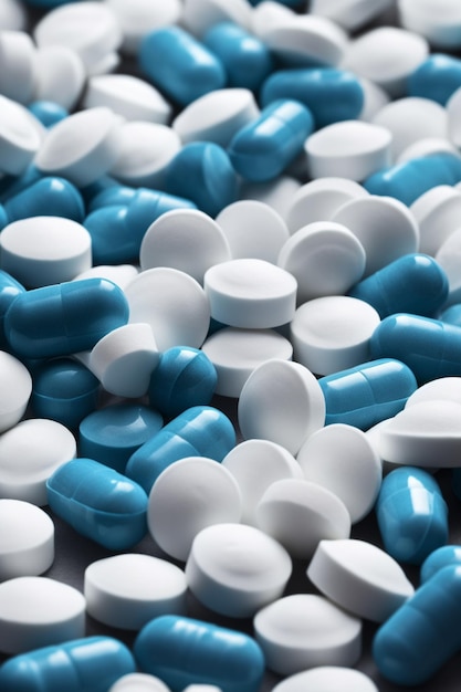 A pile of blue and white pills on a black background