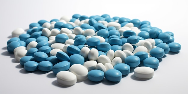 A pile of blue and white pills on a white background