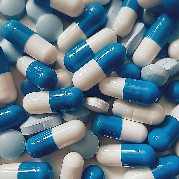 a pile of blue and white pills with one blue one