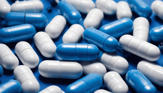 A pile of blue and white pills