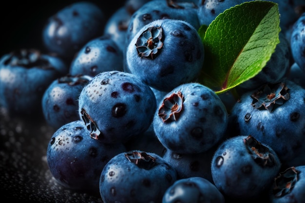 Pile of blueberries with green leaf on top of one of them Generative AI