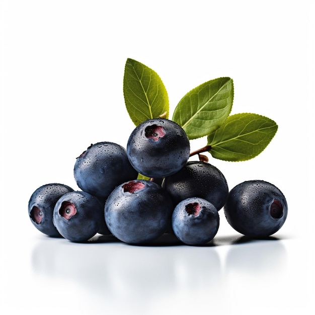 A pile of blueberries with a green leaf on top.