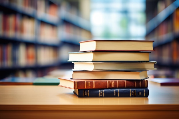 Pile of books on blurred library background