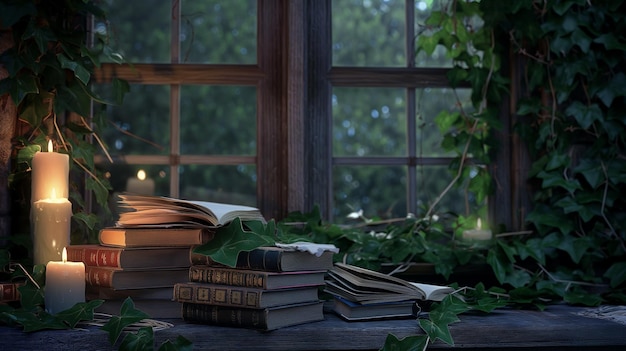 a pile of books on the desk
