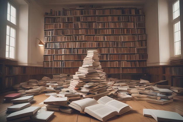 Photo pile of books in library