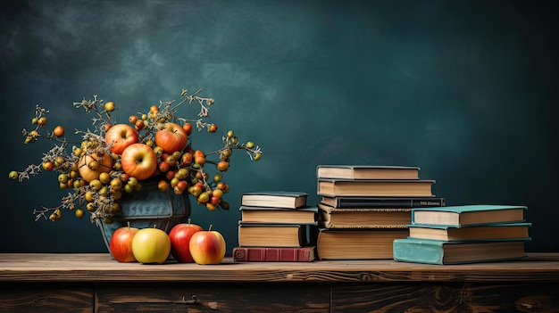 pile of books stationery and apples on a wooden table with a minimalist background