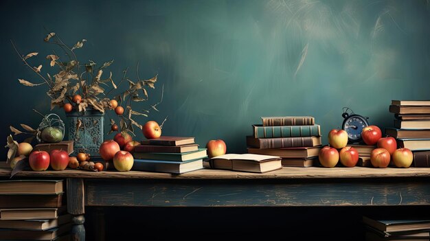 pile of books stationery and apples on a wooden table with a minimalist background