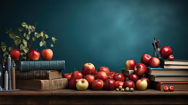 pile of books stationery and apples on a wooden table with a minimalist background