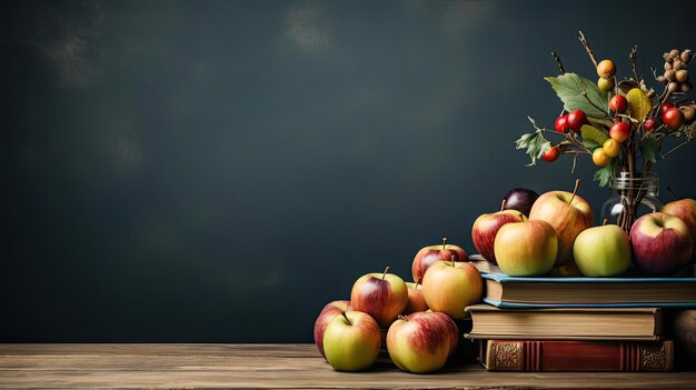 pile of books stationery and apples on a wooden table with a minimalist background