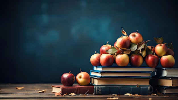 pile of books stationery and apples on a wooden table with a minimalist background