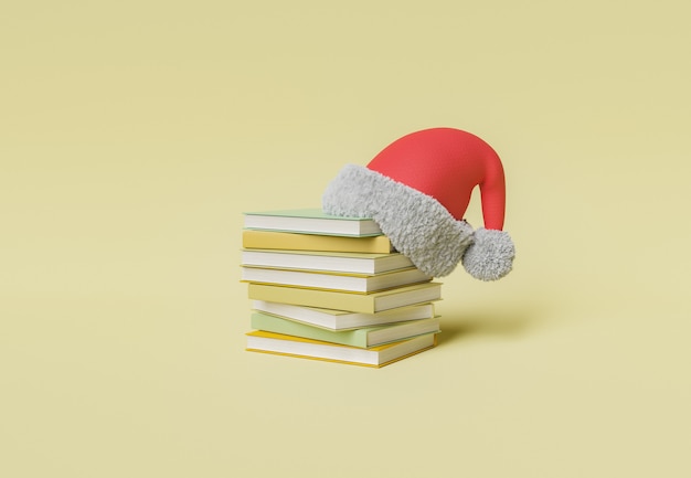 pile of books with christmas hat