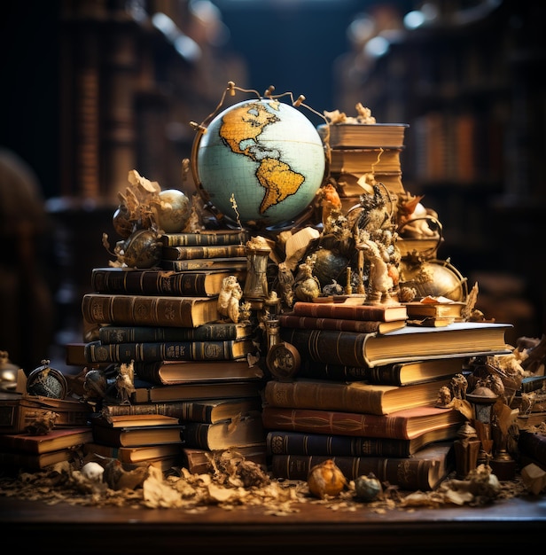 A pile of books with a globe on top of it