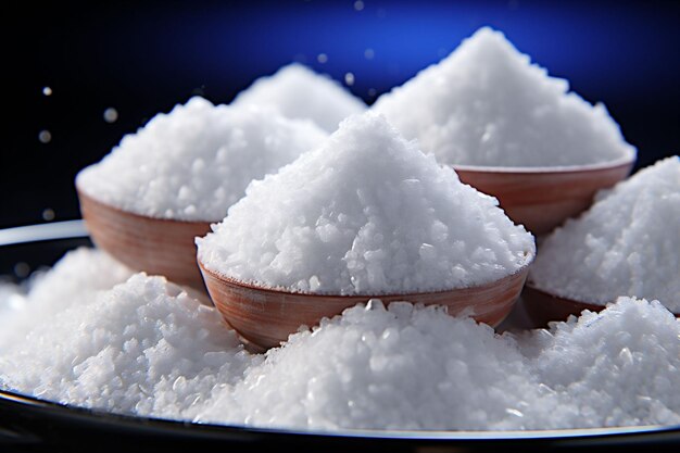 Pile and bowls with natural sweetener stevia sugar or salt Copy space