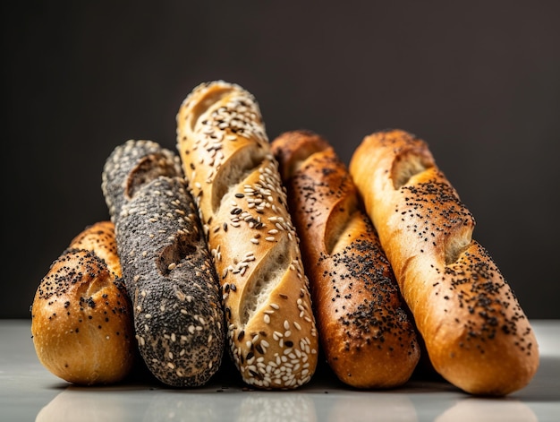 A pile of breads with sesame seeds on them